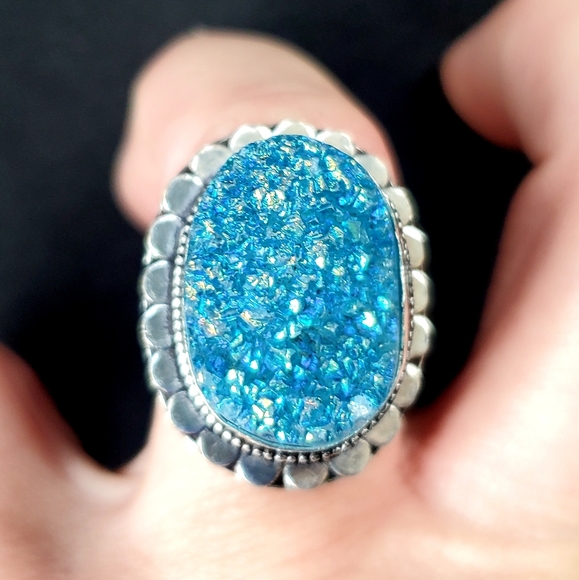 New Blue Titanium Crystal Druzy 925 Silver Statement Ring. - Picture 11 of 15